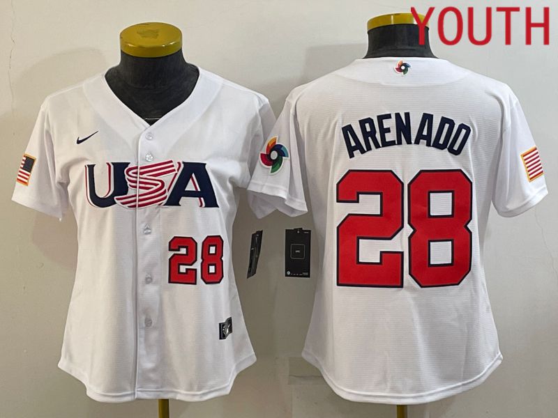 Youth 2023 World Cub USA #28 Arenado White MLB Jersey3->youth mlb jersey->Youth Jersey